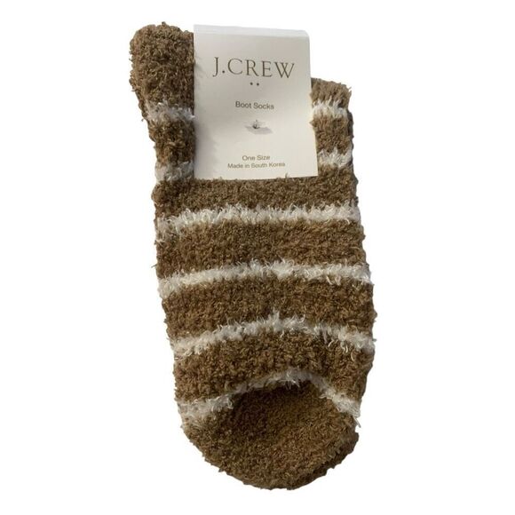 J. Crew in Brown and White Striped Cozy Boot Fuzzy Socks - Picture 2 of 4